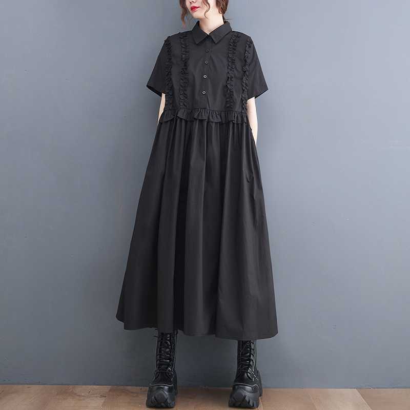 Women's Polo Neck Short Sleeve Loose Fit Patchwork Midi Dress High Waist Casual Midi Dress