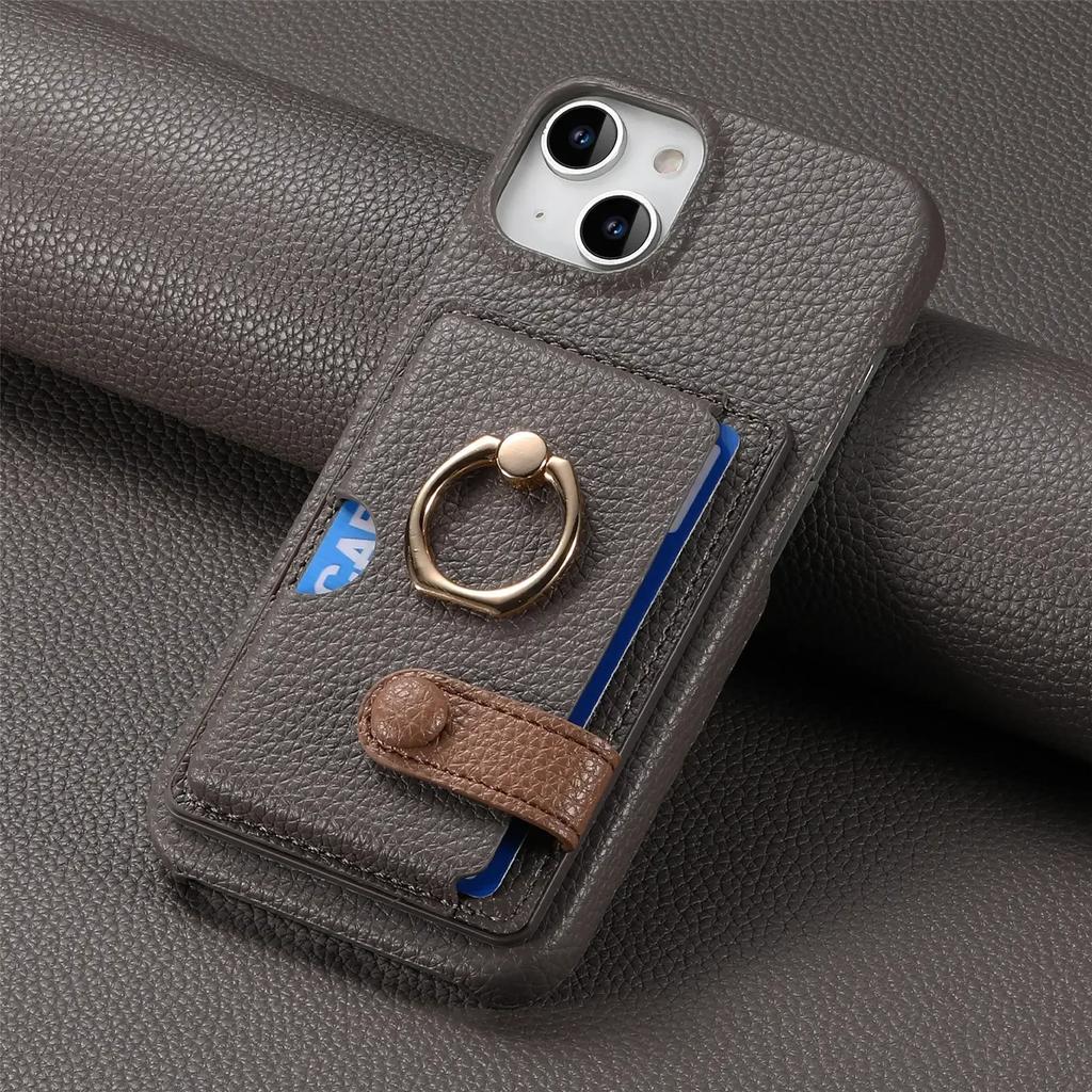 Leather Ring Support Phone Case for IPhone 16E 16 15 14 13 12 11 Pro Max X XR 7 8 Plus Wallet with Card Holder Shockproof Cover