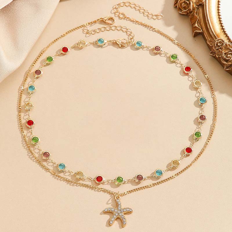 Fashion Colorful Zircon Starfish Pendant Necklace Bracelet for Women Luxury Gold Color Crystal Temperament Choker Zircon Gifts