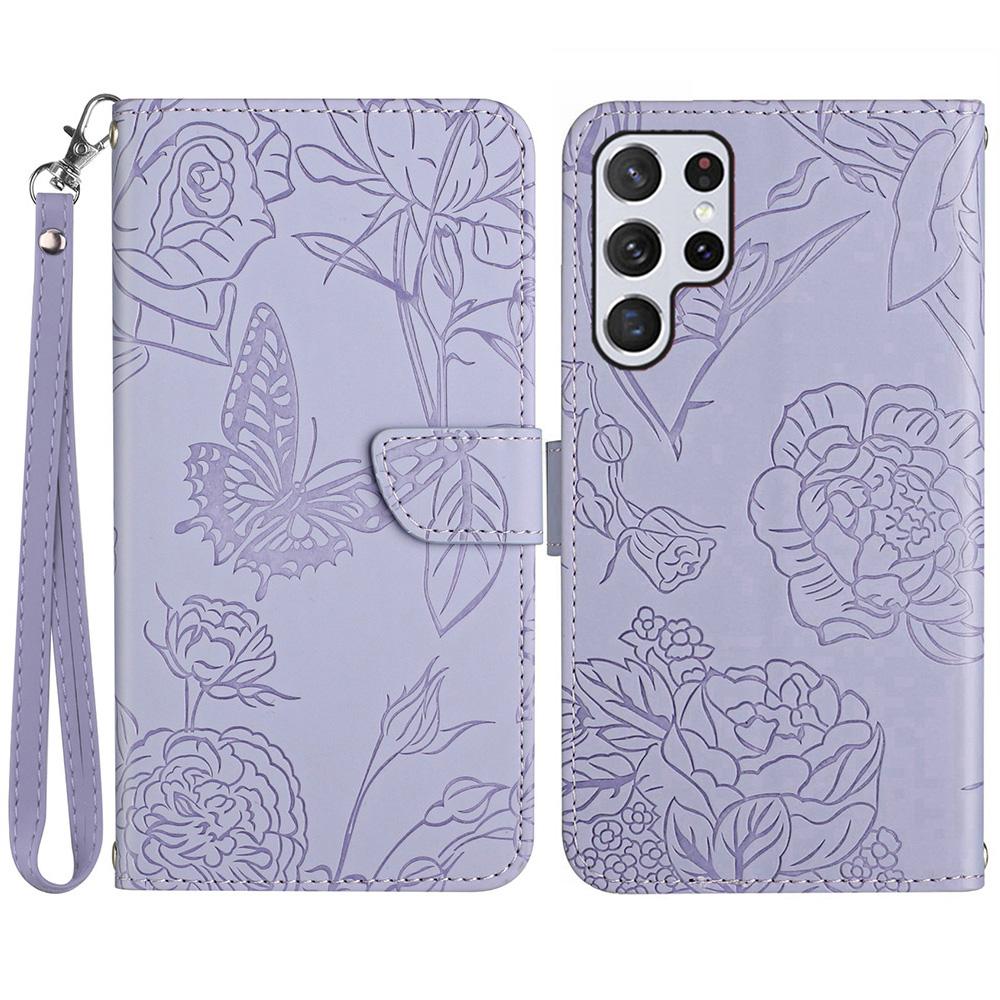 HT03 For Samsung Galaxy S25 Ultra Case Butterfly Flower Imprint Leather Phone Cover with Strap