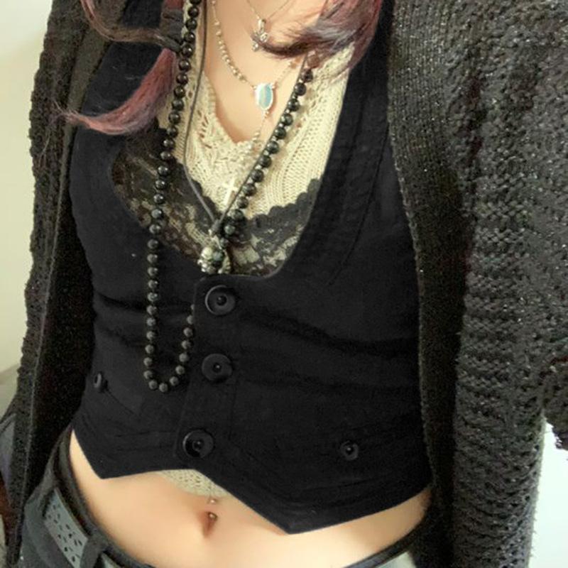 Gothic Fashion vintage Jacket Vest Solid Aesthetic Vintage Slim Button Streetwear Chic Vest Tops Sleeveless Casual Tanks Cropped
