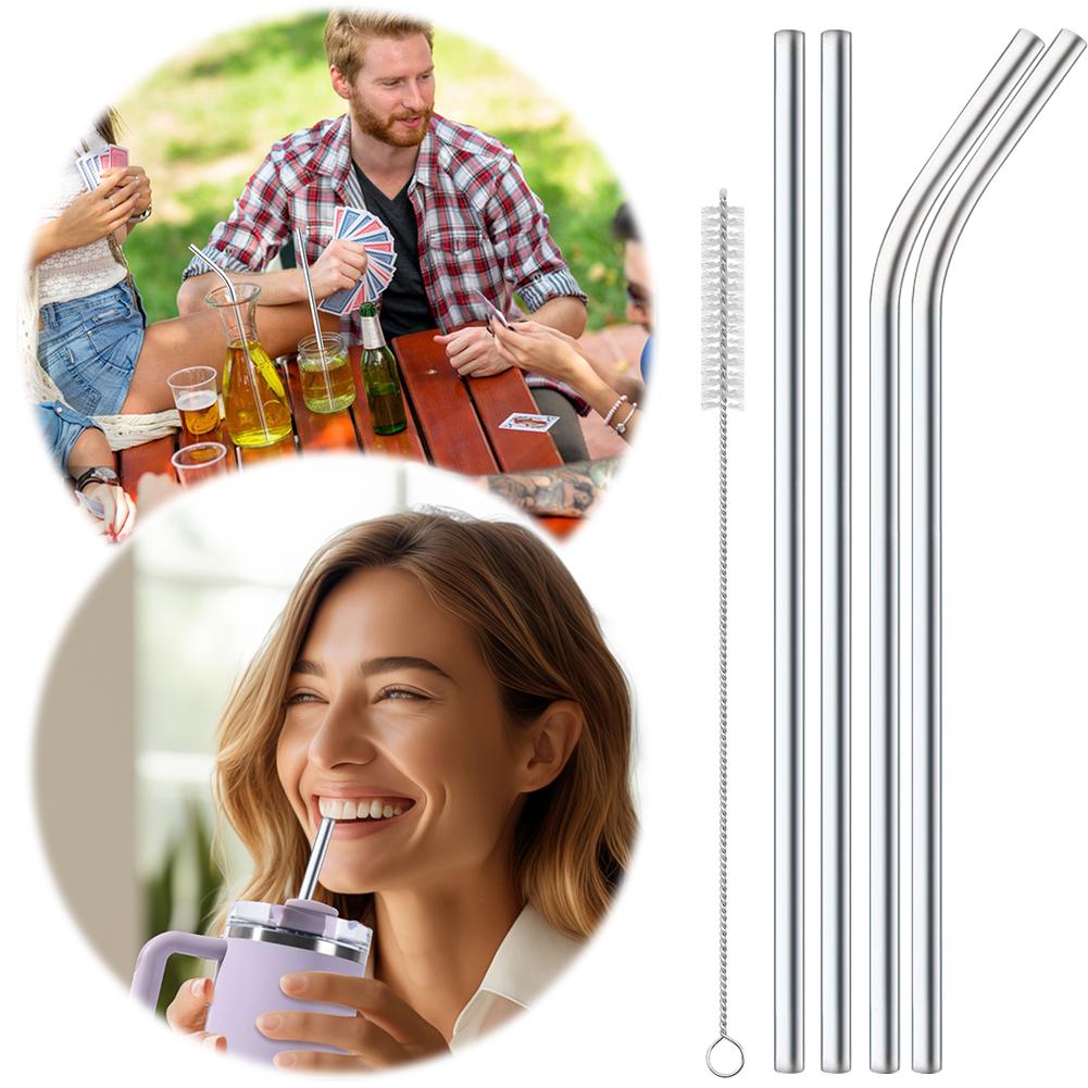 

4Pcs Straight Bent Stainless Steel Straws Drinking Silver Cup Straw 6mm Reusable for Stanley 40oz Cup Drinking Straws Accessorie серебряный