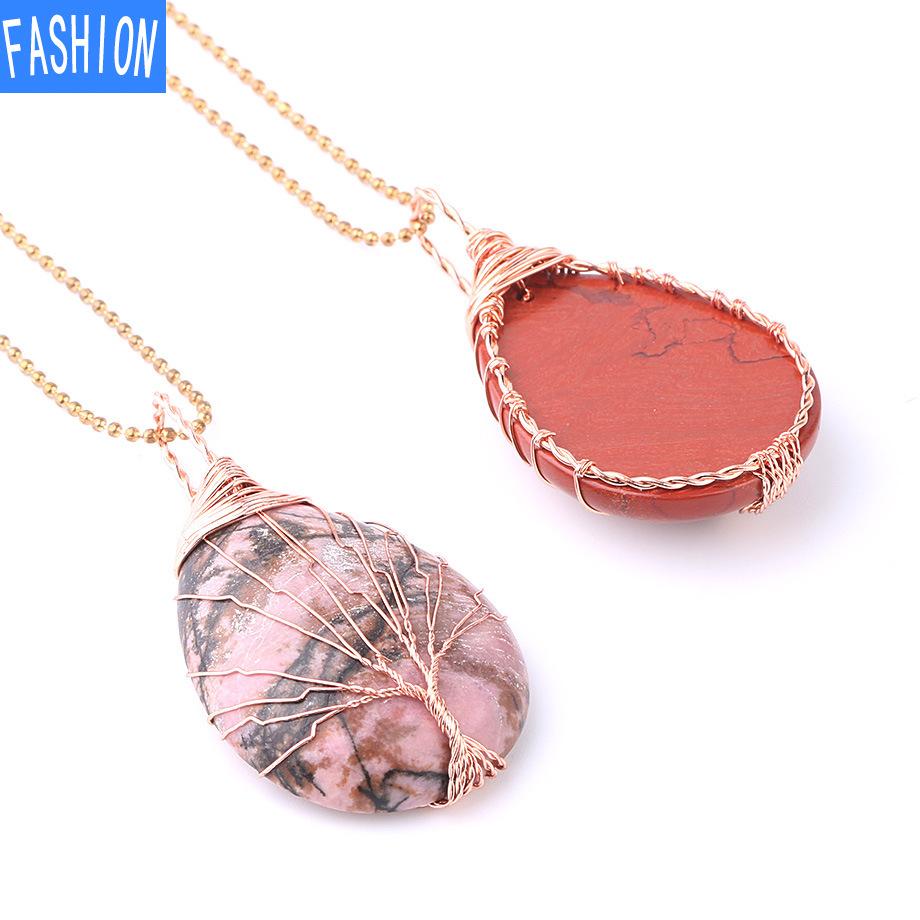 Große Roségold-Wassertropfen-Halskette mit gewundenem Anhänger, natürliche Kristall-Anhänger-Halskette, reiner handgefertigter Baum des Lebens