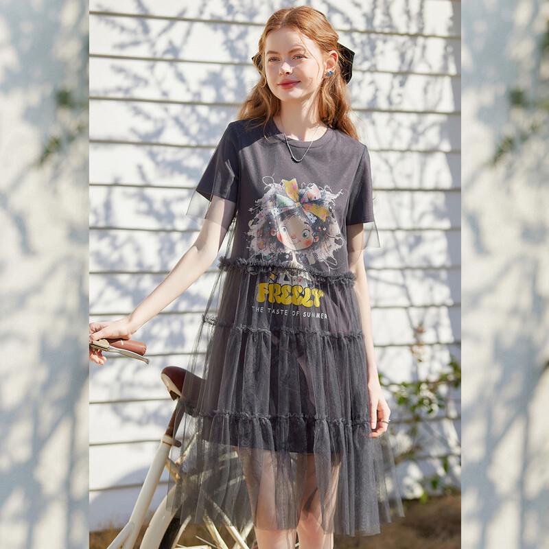 Bailuyu Women s Youthful Printed Mesh Patchwork T-Shirt Dress M