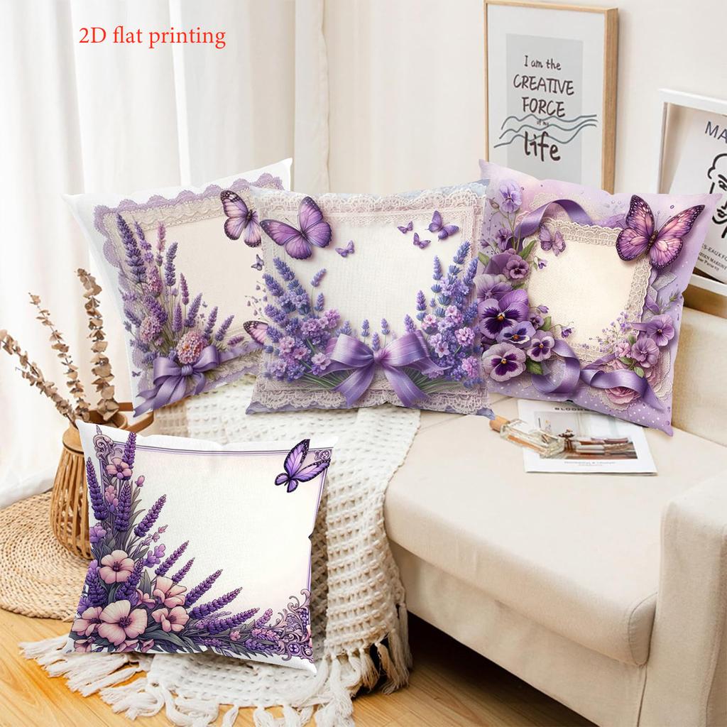 2D flat printing Lavender and Butterfly Patterned Decorative Throw Pillows Polyester pillowcase, sofa decorative cushion cov