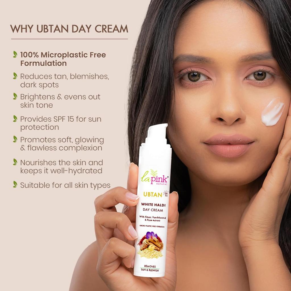 La Pink Ubtan White Haldi Day Cream | 100% Microplastic Free Formula | Removes Tan | Kesar, Sandalwood and Rose | All Skin Types | 50g