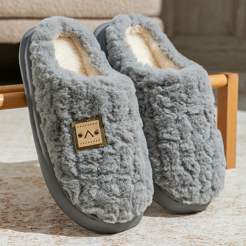 Winter plush cotton slippers women's indoor non-slip thick-soled plush warm couple fashion high-end confinement shoes