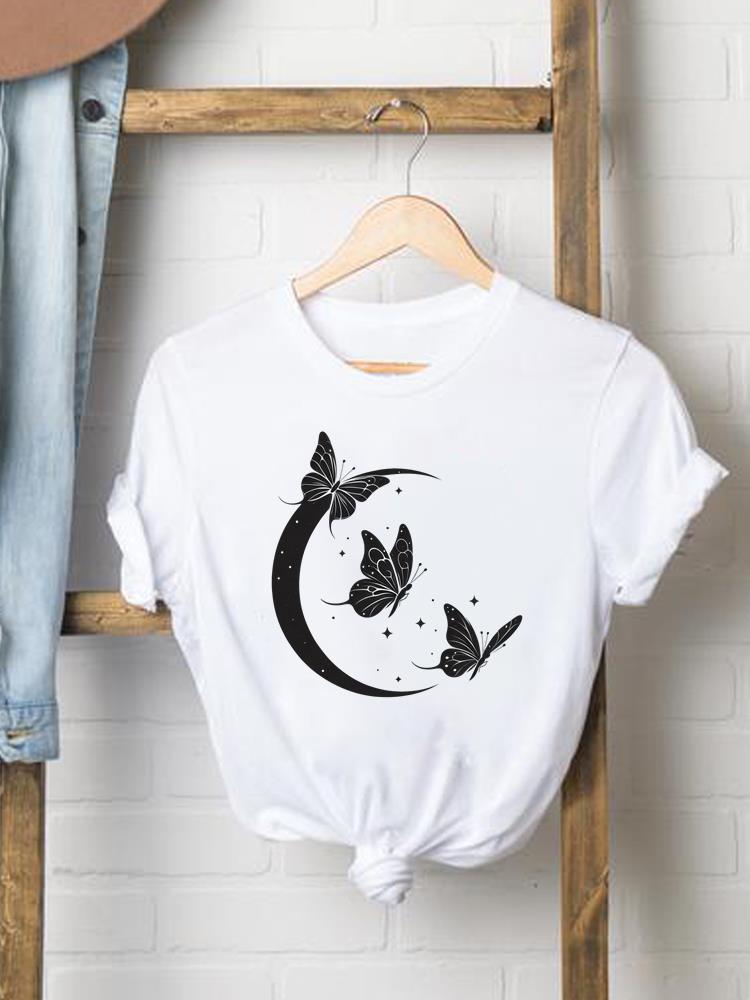 (Asiatische Größe) Blume Schmetterling süß 90er Jahre Frau Druck Damenbekleidung Kurzarm T-Shirt Mode Tee Top Damen Grafik-T-Shirts