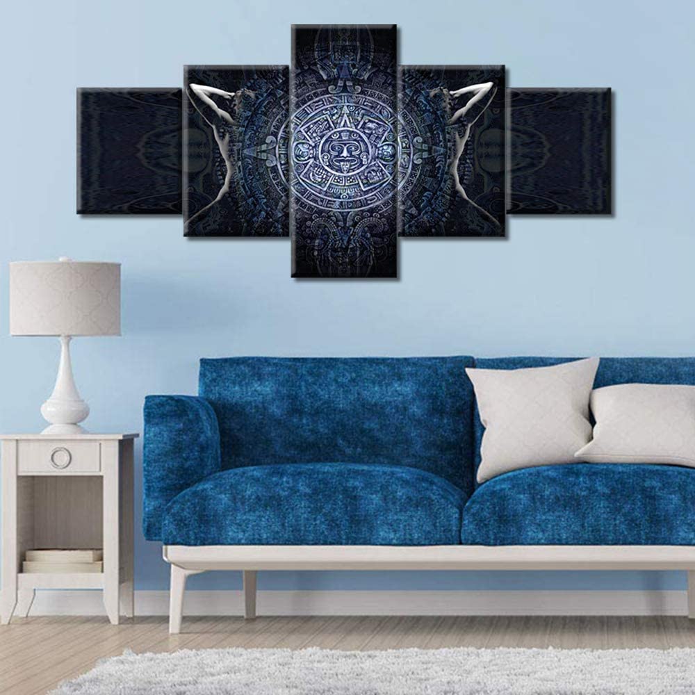 5Pcs Black White Abstract Mayan Calendar Body Paintings Contemporary 5 Pieces Canvas Poster 5 Panel Modern Pictures Wall Art
