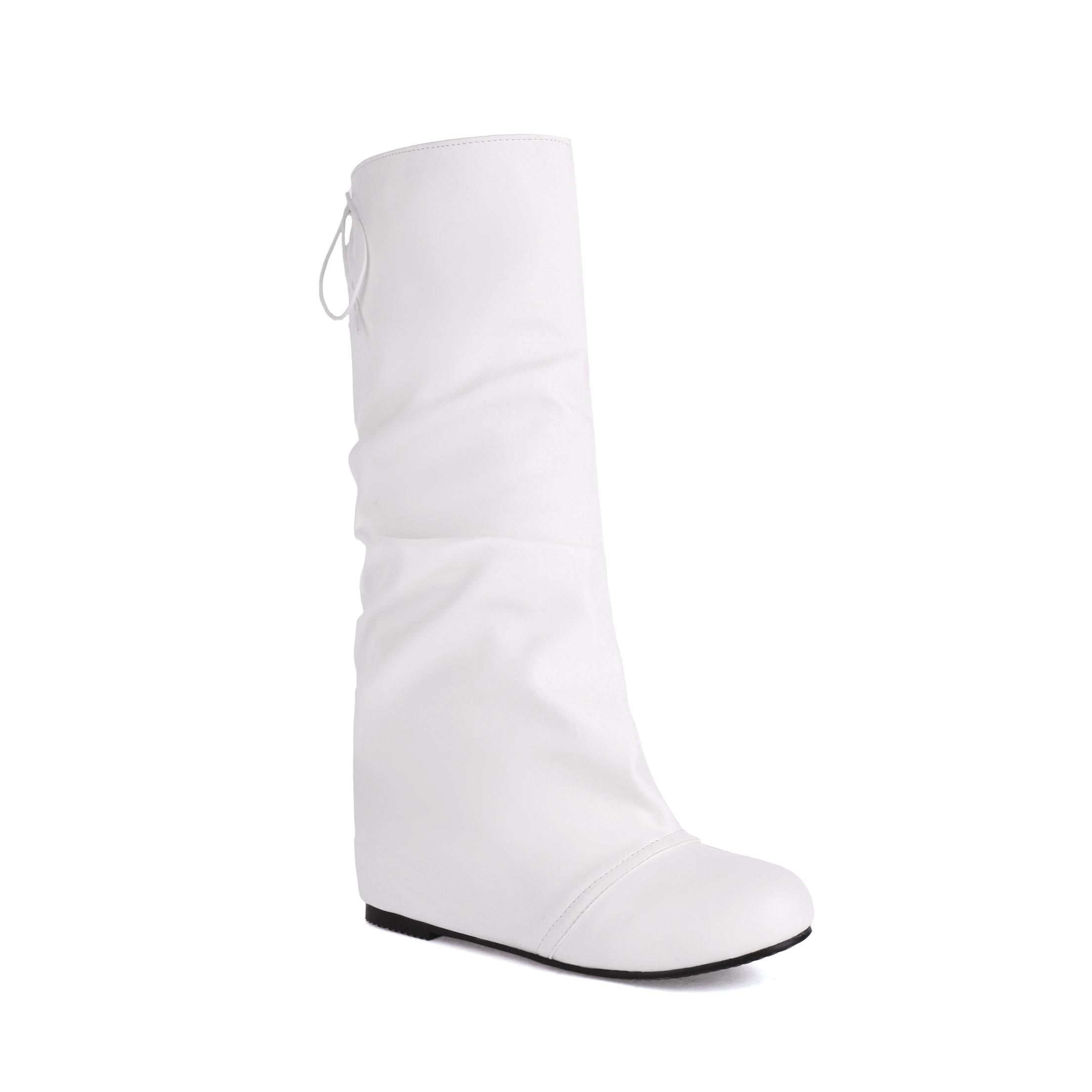

Женские модные однотонные повседневные ботинки с плиссированной деталью, удобные на танкетке, ботфорты средней длины, шнуровка сзади 14 белый