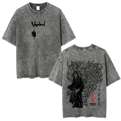 Washed Vintage Anime Vagabond Miyamoto Musashi Double Sided Print T-shirt Men Women Casual Retro Oversized T Shirts Streetwear