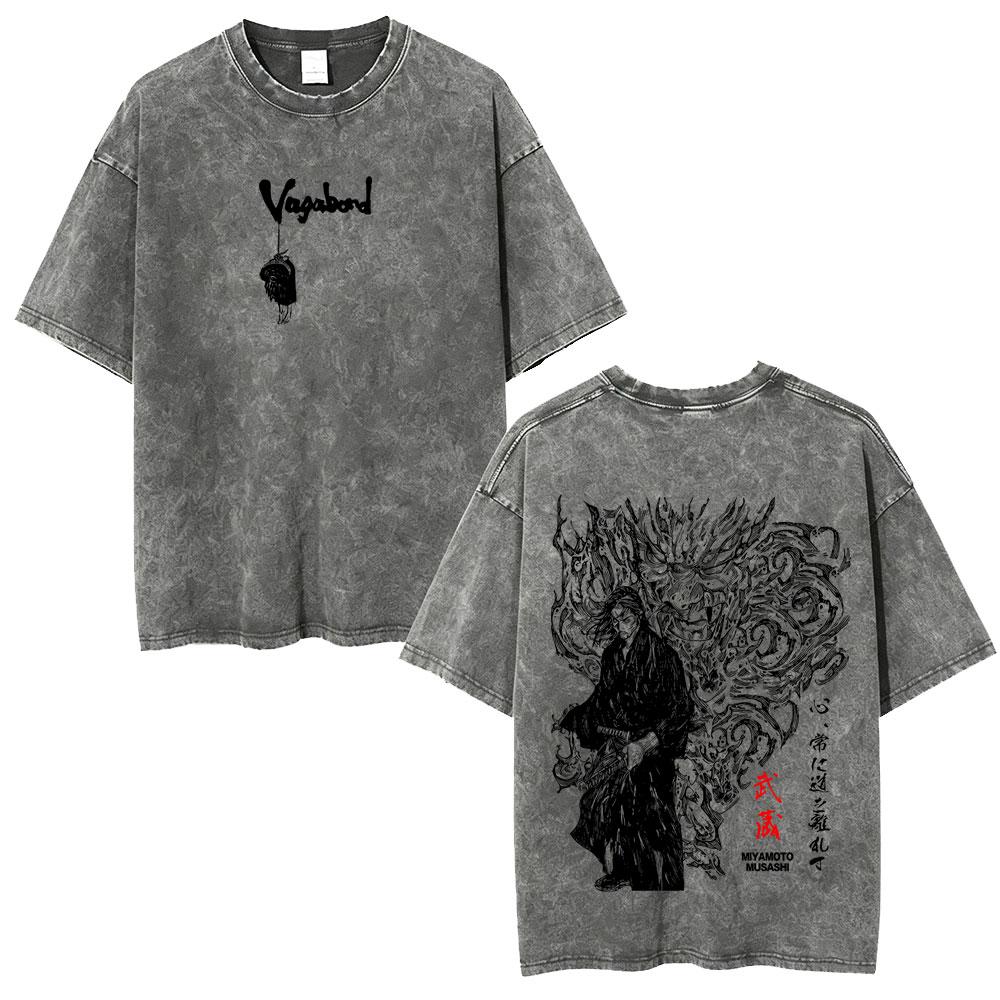 Gewaschenes Vintage Anime Vagabond Miyamoto Musashi Doppelseitiger Druck T-Shirt Herren Damen Lässig Retro Übergroße T-Shirts Streetwear
