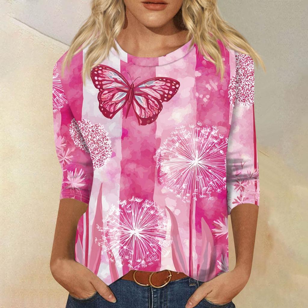 Women's Fashion Casual Seven Split Sleeve Printed Loose Round Neck Top