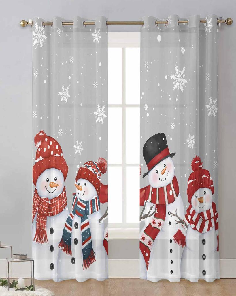 Christmas Snowman Snowflake Gray Sheer Curtains for Living Room Decoration Window Curtains Kitchen Tulle Voile Curtains