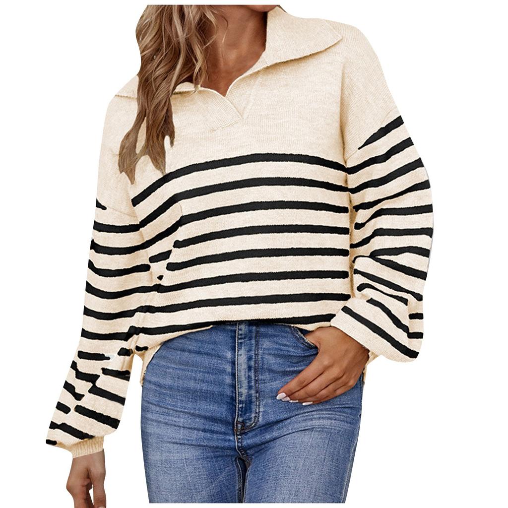Women's Casual Fashion 2022 Long Sleeved Knitting Contrast Color Sweater Top