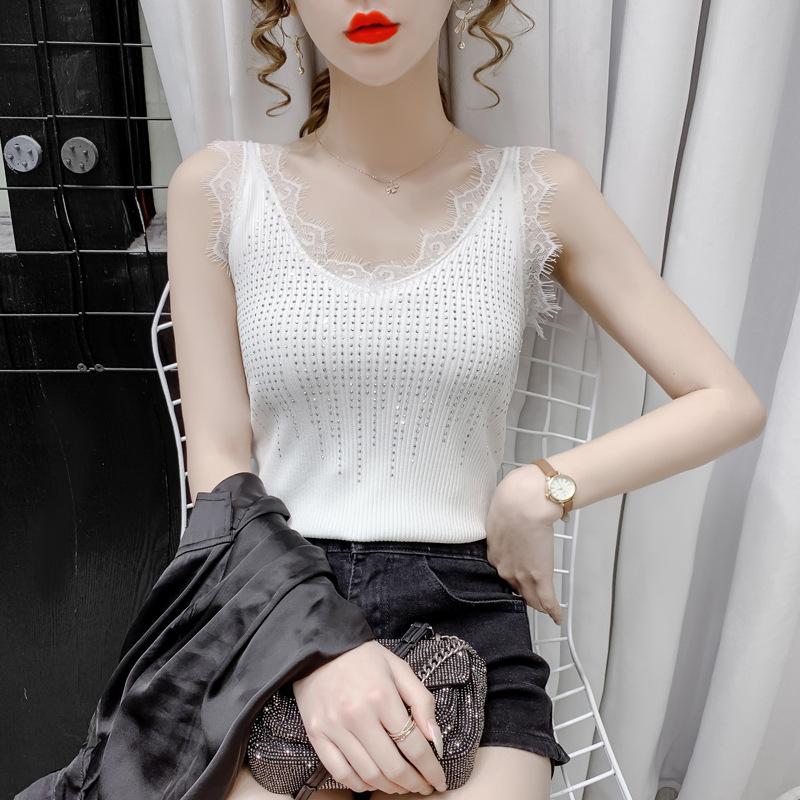 Women Spring Summer Curly Beads Lace V Neck Knit Camisole Sleeveless Diamond Outer Wear Tank Tops