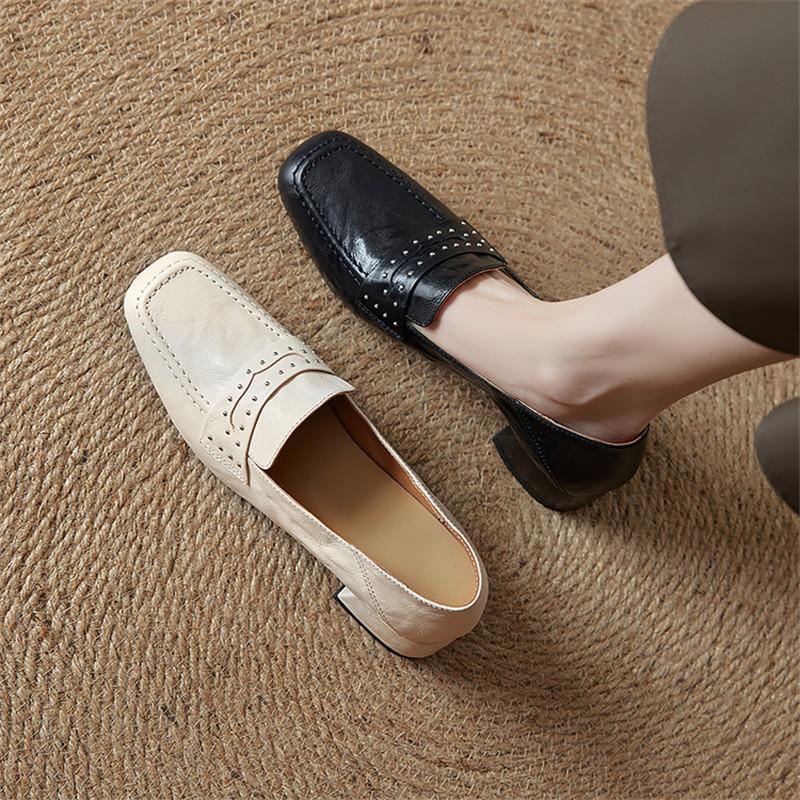 Fashion New Spring/autumn Genuine Leather Women Shoes Square Toe Shoes for Women Fashion Rivet Loafers Shoes Mid Heels Women Pumps