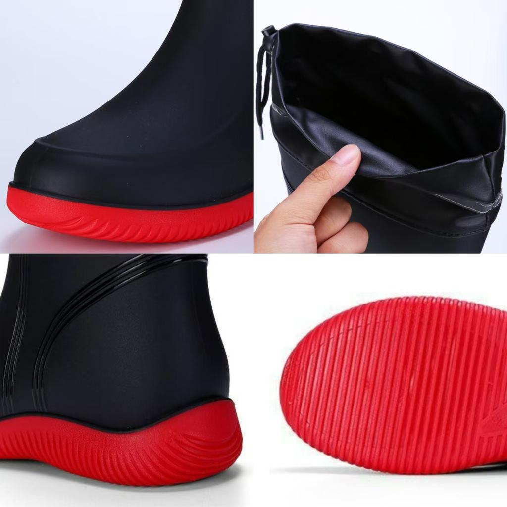 Fashion Men's Rain Boots Waterproof Mid Calf Boots Non-slip Rainproof Work Boots Outdoor Water Shoes Soft Drawstring Rubber Boot Botas