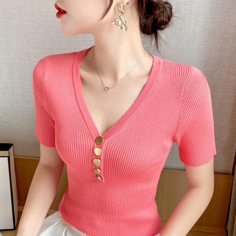 

2025 Summer Women s Trendy V-Neck Ice Silk Short-Sleeve Sky Blue Knit Top 2XL (125-135 jin suggested) розы красного