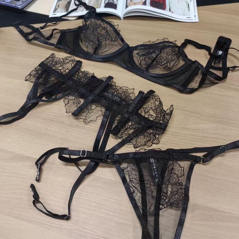 Spitzen-Netz-Set Damen Dünner Transparenter BH Strumpfhalter Tanga 3-teilige Dessous in Schwarz Weiß Rot
