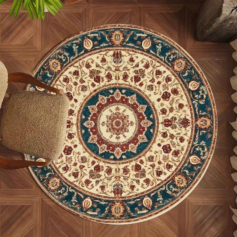 

Round Persian-Style Door Mat Easy-Care Non-Slip Bedside Rug for Bedroom Entrances Living Room Carpet Vintage Home Decor 80X80CM(2.6X2.6FT
