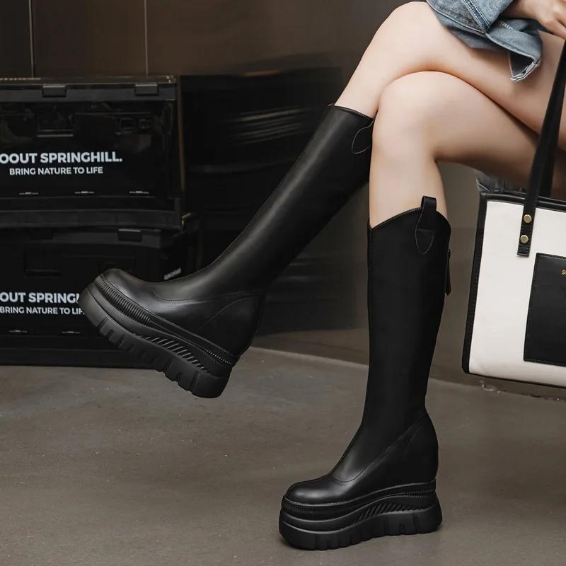 Fashion 12CM Microfiber Leather Platform Wedge Knee High Booties Women Autumn Slip on Spring Chimney Hidden Heels Over The Shoes