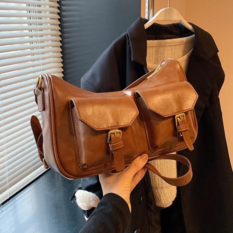 Geantă de umăr retro cu fermoar pentru femei  PU monocromatic  Capacitate mare  Genți de umăr casual  Linie de cusătură