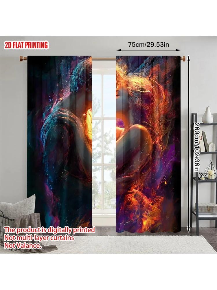 2pcs, plane printing Creative Curtains Romantic flame and ice couple Versatile 100% Polyester (without rod) Home Decor Use for