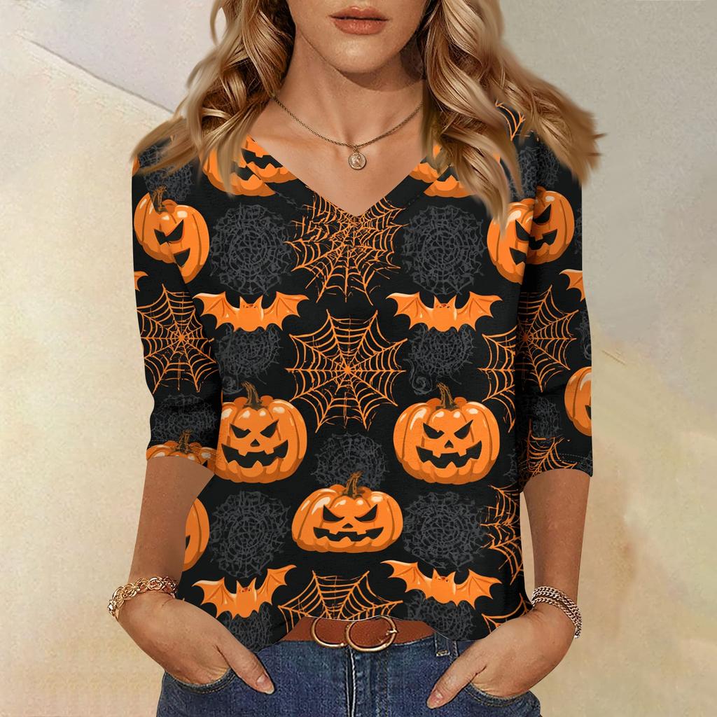 Womens Halloween Print V Neck Top Three Quarter Sleeve Casual Shirt Lightweight Soft Fabric Relaxed Fit Comfortable Everyday Wear