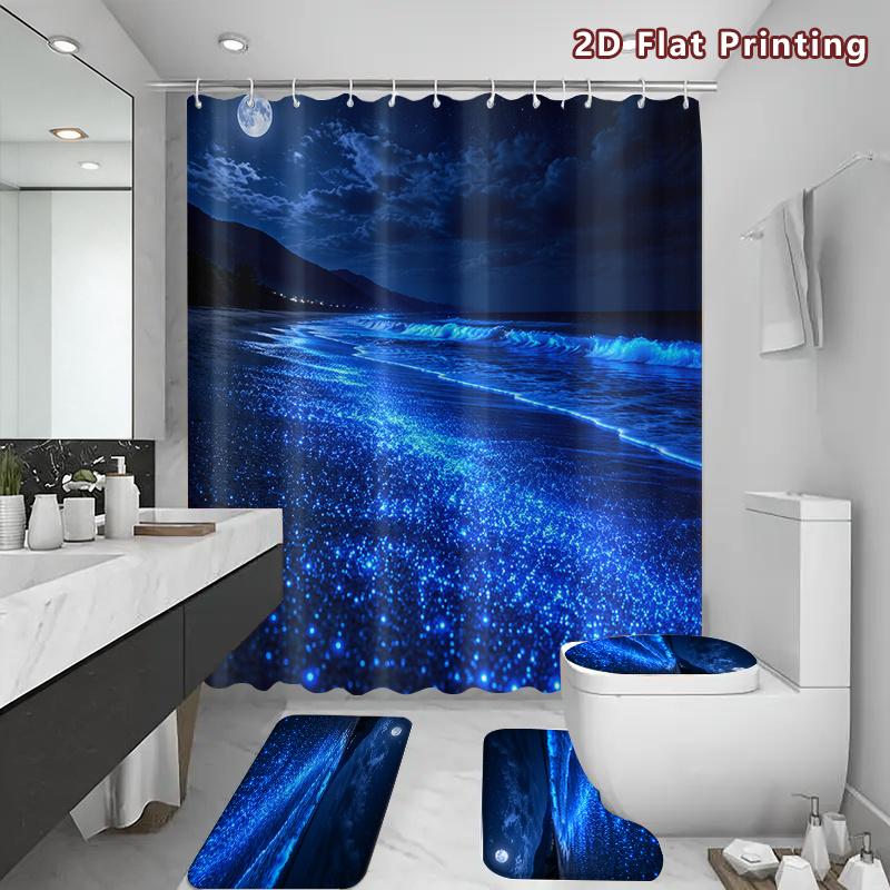 4Pcs Bioluminescent Beach Shower Curtain Set with Non-Slip Bath Mat, Toilet Lid Cover, Contour Rug & 12 Hooks, Bathroom Decor