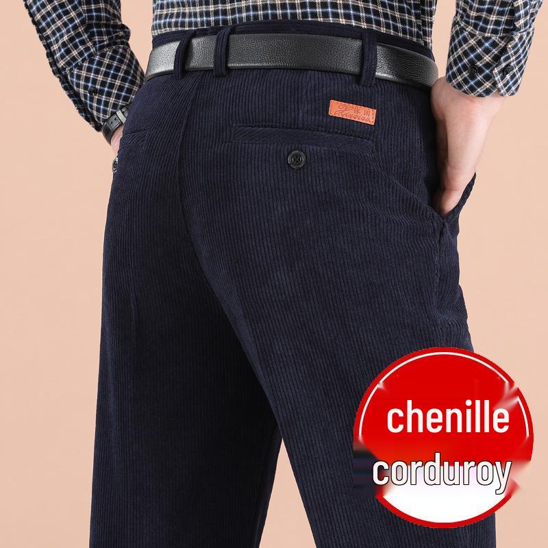 Pánské podzimní/zimní manšestrové žinylkové kalhoty - Vysoký pas, rovná nohavice, volný střih pro středního věku a starší