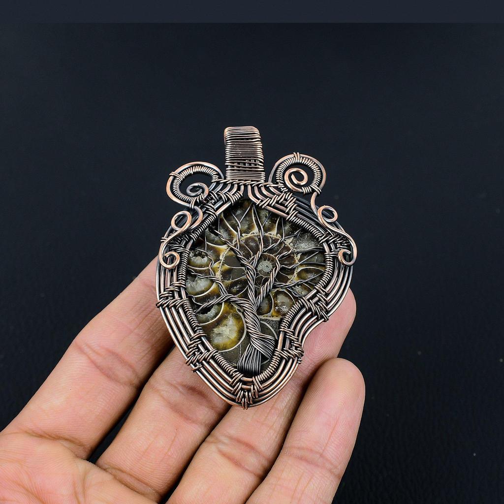 Ammonitfossil 999 Koppartrådsinlindad Hänge, Handgjort Ädelstenssmycke Hänge För Memorial Day