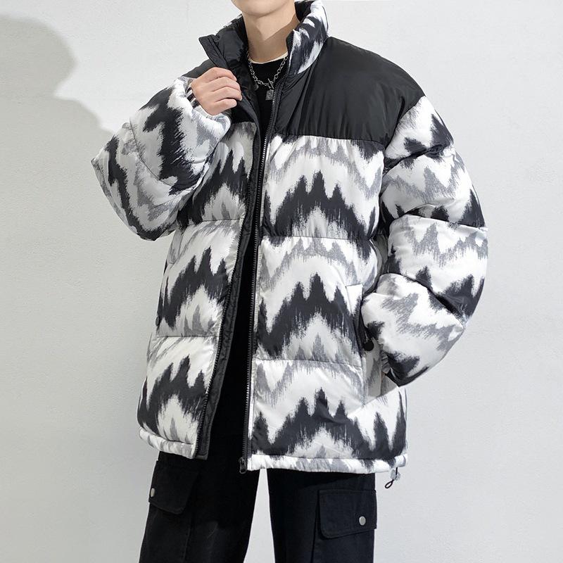 Men's Winter 2025 Wave Pattern Color Block Thick Cotton Jacket with Velvet Lining