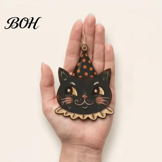 Decorative Tags for Gift Packaging 6 Pcs Vintage Halloween Wooden Ornaments, Rustic Farmhouse Cat Owl Pumpkin Lightweight Ornaments Branches
