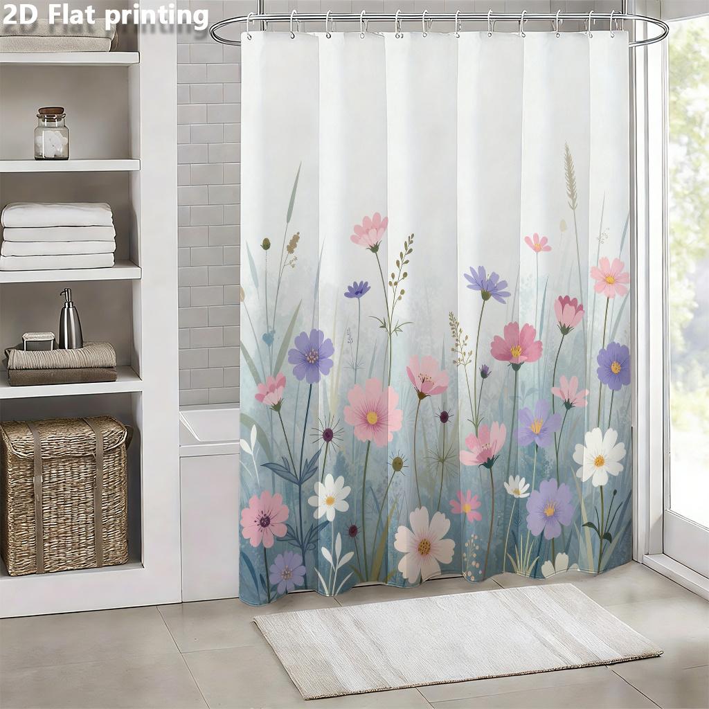 Pastel Floral Shower Curtain 1Pc Polyester 2D Flat Print 70.8X70.8 Inch Soft Watercolor Wildflowers Modern Bathroom Decor