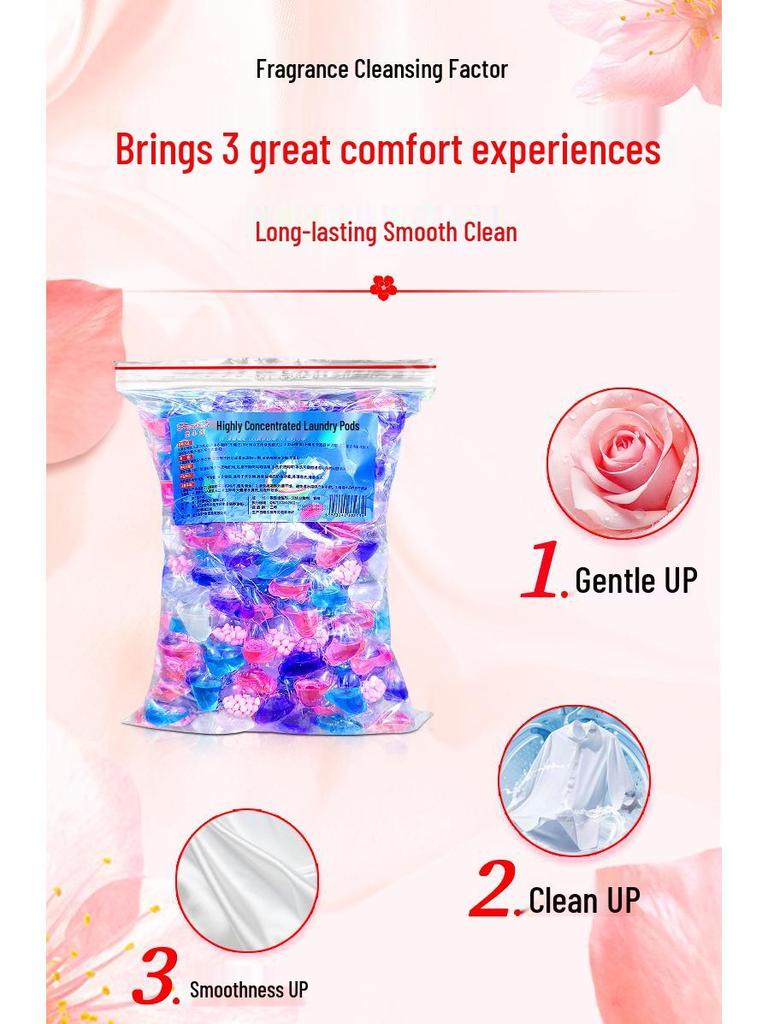 100-piece pack of five-in-one laundry pods with fragrance, softening, stain removal, and five-chamber design.