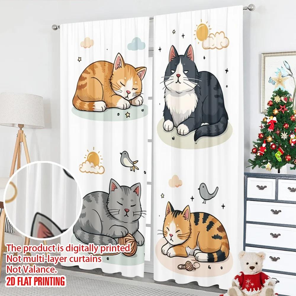 Set Of 2 Flat Printing Curtain Cute Cat Illustration Digital Printed Polyester Drapes All Season Party Holiday Decor