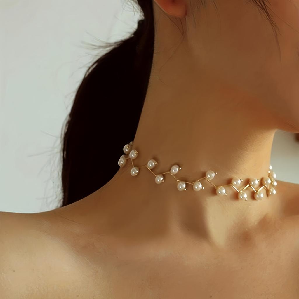 1pc Women's Elegant Thorn Imitation Pearl Choker Necklace, Golden Silvery Black, Bohemian Imitation Pearl Neck Chain