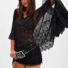 Women's Batwing Sleeve Mesh Cover-up: Spring/Summer Loose Beach Top with Lace Patchwork and Sun Protection.