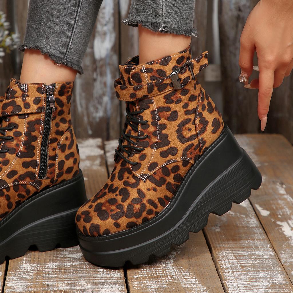2025 Women's Boots New Thick Heel Platform Martin Boots Women's Plus Size Leopard Print Boots