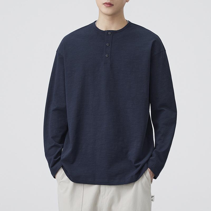 Autumn 2026 Men s Bamboo Cotton Henley T-Shirt - Retro Long Sleeve M королевский синий