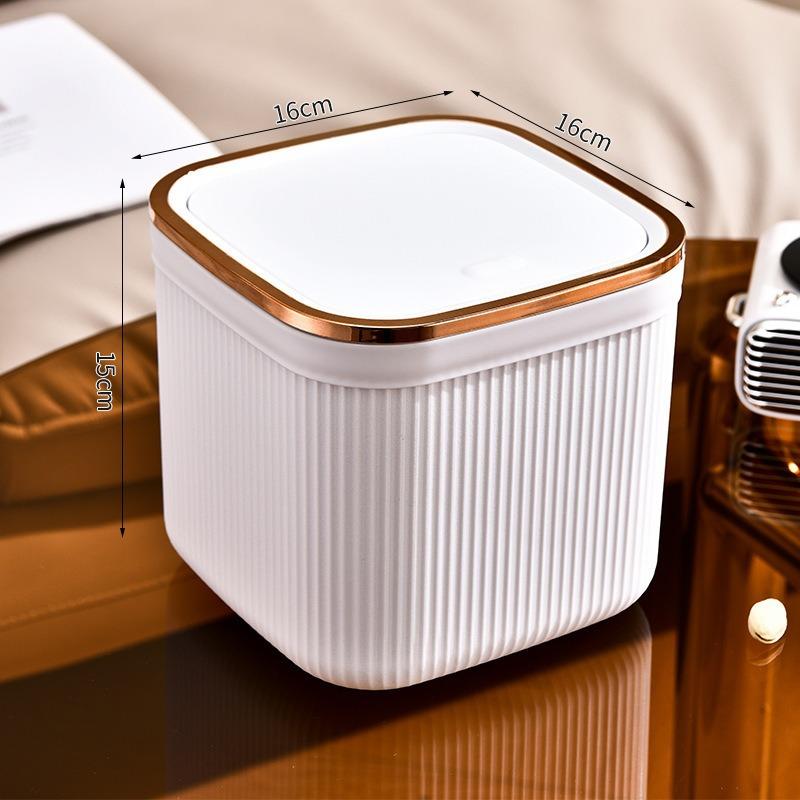Square Press Type Mini Trash Can Quiet Close Elegant Ribbed Design with Golden Accents Plastic Desktop Bin Bathroom Home Use