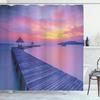 Wooden Bridge Print Shower Curtain Boat at Lake Shore Wooden Pier Sunset Sunbeams and Romantic Evening View, Polyester Fabric