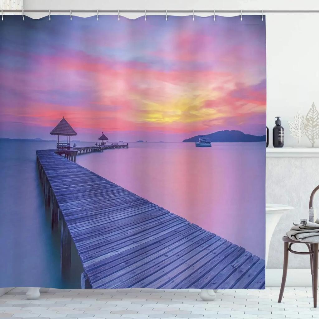 Wooden Bridge Print Shower Curtain Boat at Lake Shore Wooden Pier Sunset Sunbeams and Romantic Evening View, Polyester Fabric