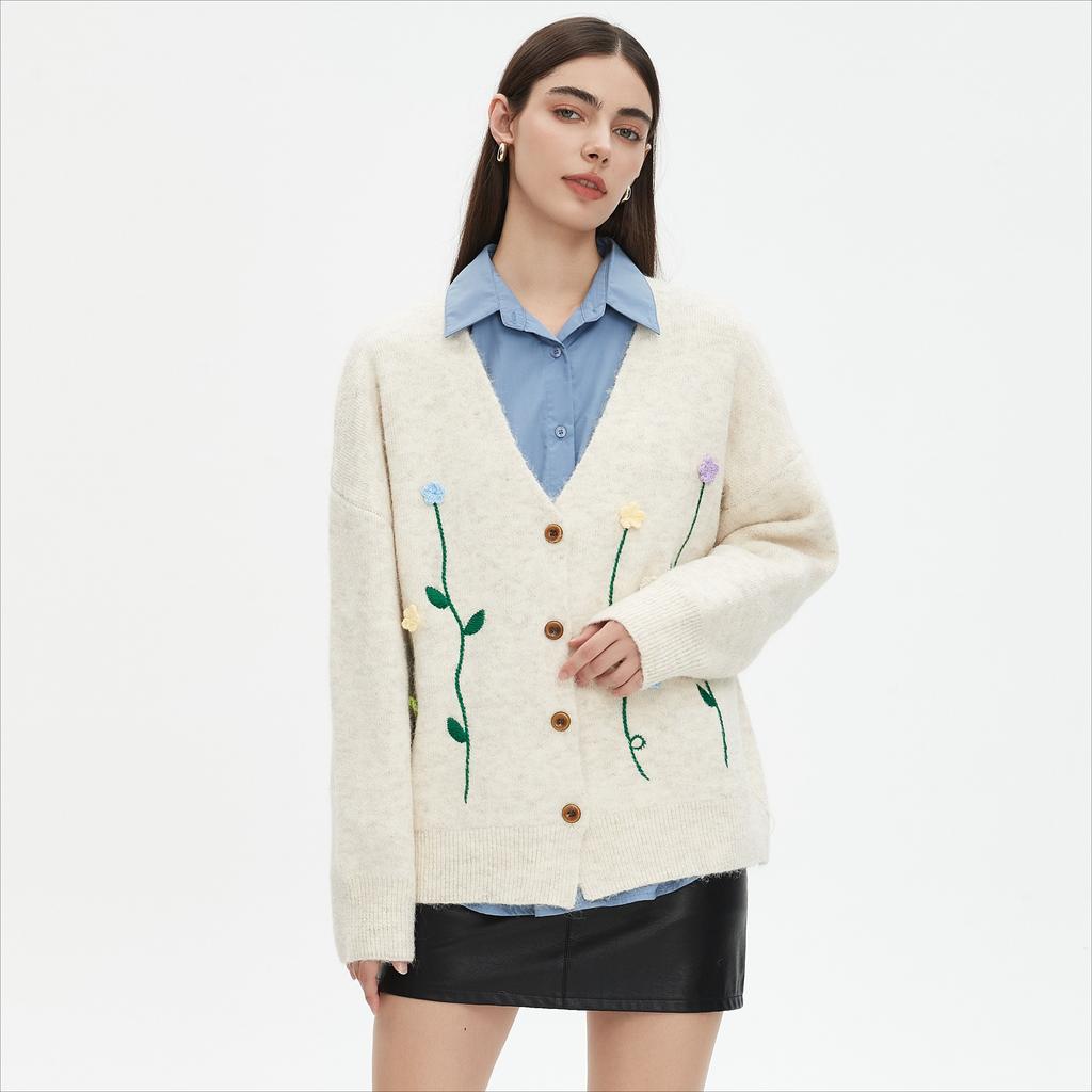 Dimanaf 2025 Sweaters Buttons Embroidery Print Cardigan Autumn Pockets Women Print Sweaters Knitting Loose Sweater