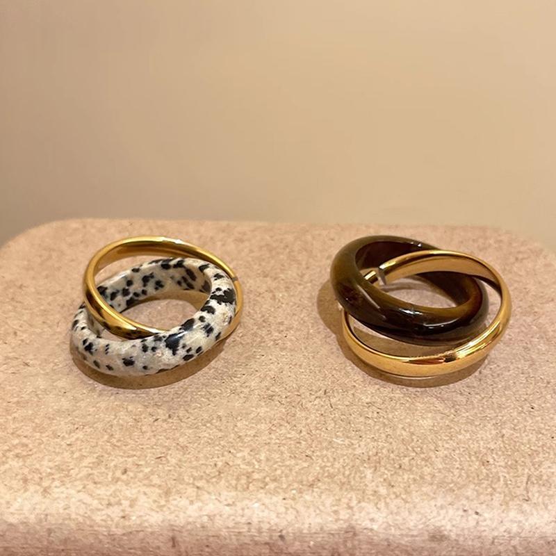 Fashion Double Layers Spotted Natural Stone Metal Round Circle Cocktail Rings For Women Gold Plated Alloy Finger Ring Gifts