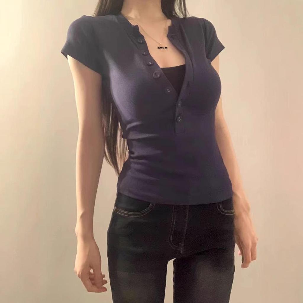 Women's Summer Shoulder Design Slim Fit Round Neck Short-Sleeved T-Shirt