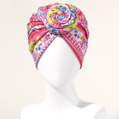 Turban Cap Twisted Retro Print Stretchy Comfortable Super Soft Hide Hair Breathable Bohemia Pre-Tied Bonnet Women Beanie Hat for Daily Life