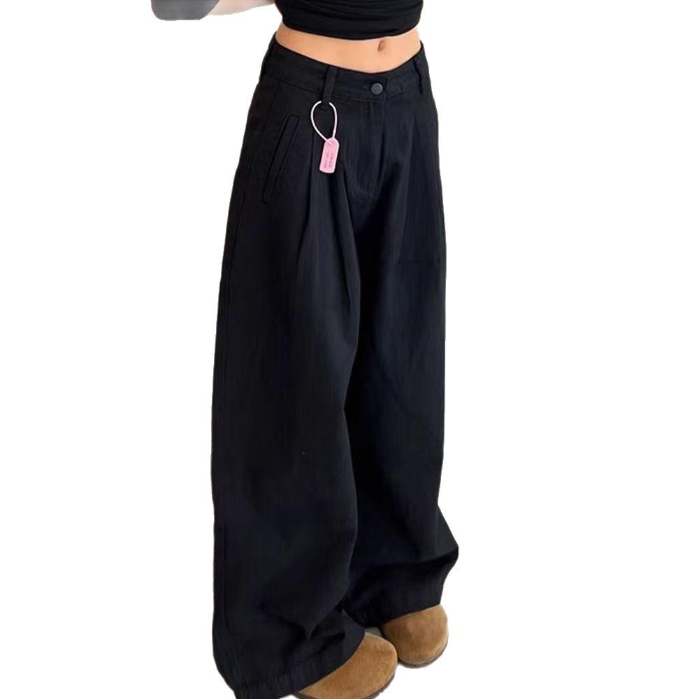 Women's Big American Style Black Wide-Leg Jeans, Autumn/Winter Pear Shape, Floor-Length, Loose Fit