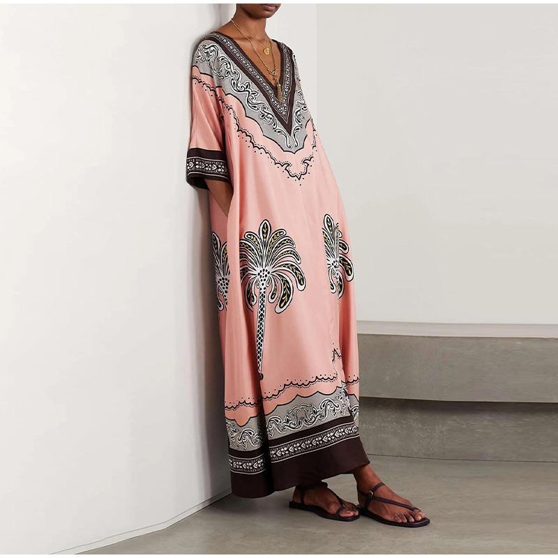 

2025 Новое летнее повседневное платье с позиционным принтом, V-образным вырезом, свободного кроя, из атласа, для отдыха XL